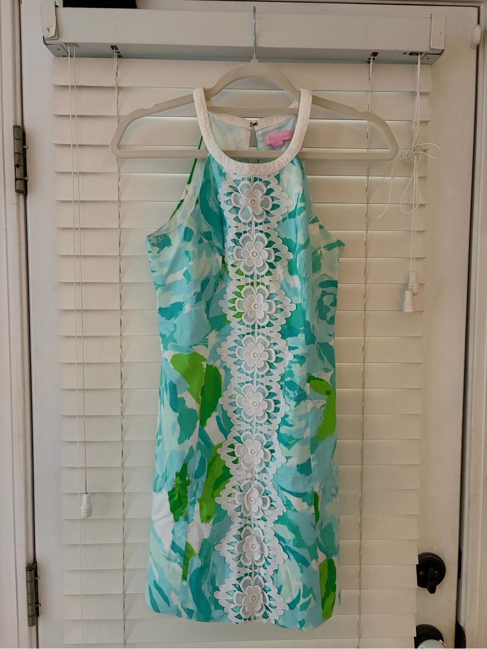 Lilly Pulitzer Aqua, White & Green Floral Lace Halter Shift Dress